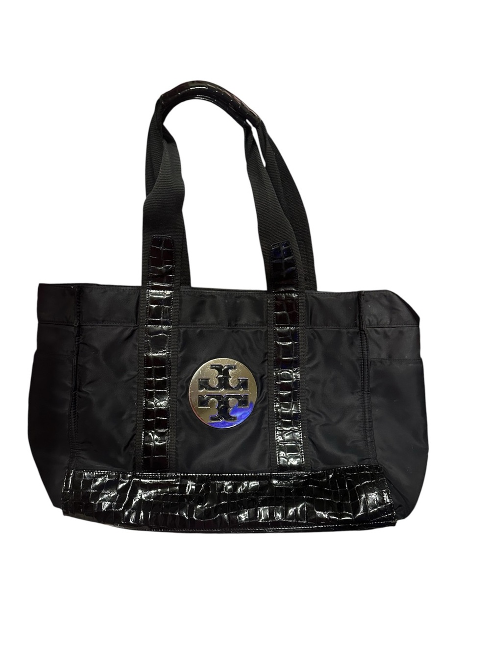 Tory Burch Black Nylon Tote with Patent Trim and Logo Medallion